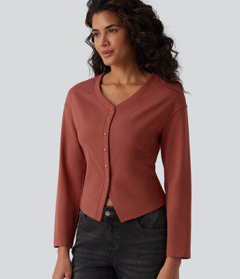 V-neck Long Sleeve Button Fly Casual Top