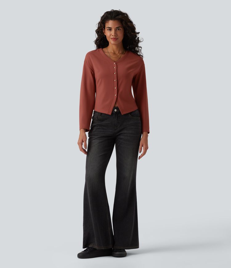 V-neck Long Sleeve Button Fly Casual Top