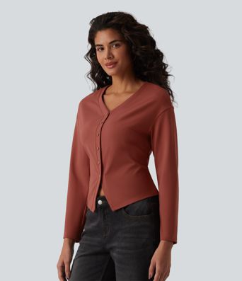 V-neck Long Sleeve Button Fly Casual Top