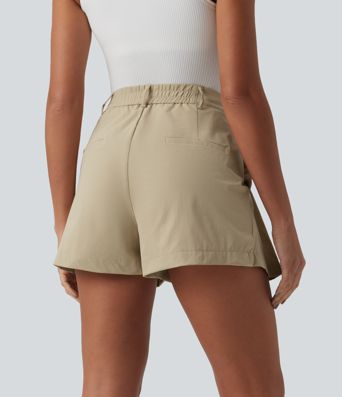 Mid Rise Pleated Stretchy Poplin Casual Shorts 3'' with Pockets