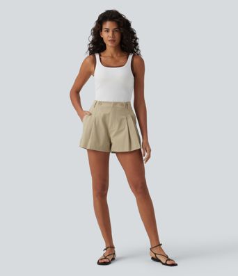 Mid Rise Pleated Stretchy Poplin Casual Shorts 3'' with Pockets