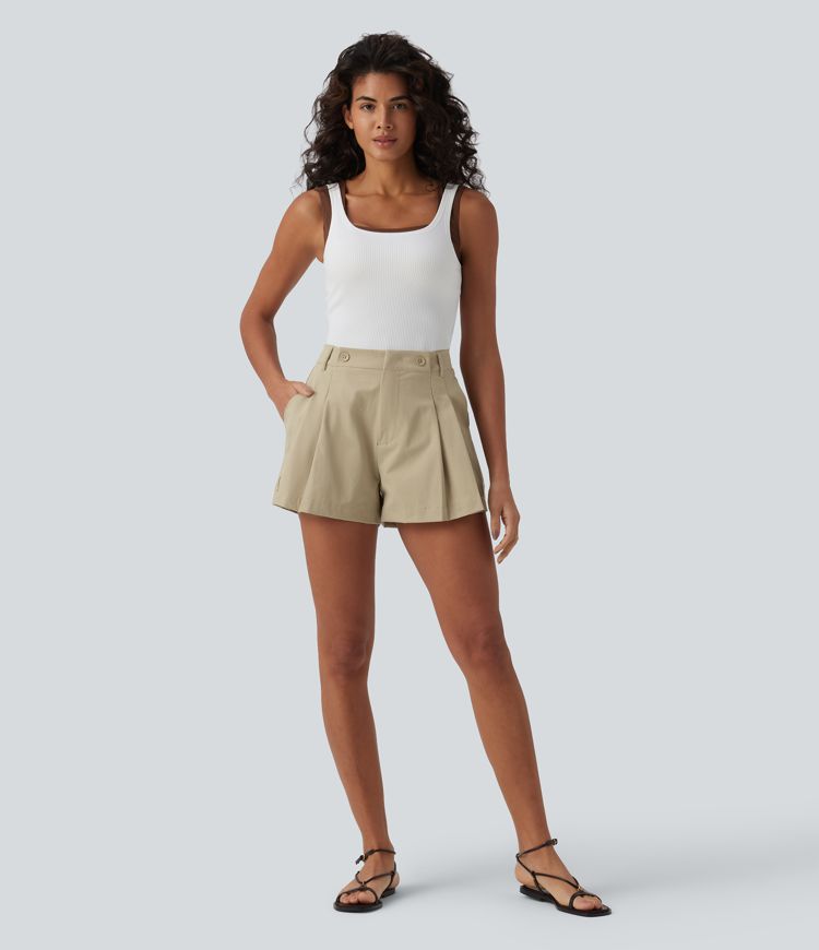 Mid Rise Pleated Stretchy Poplin Casual Shorts 3'' with Pockets