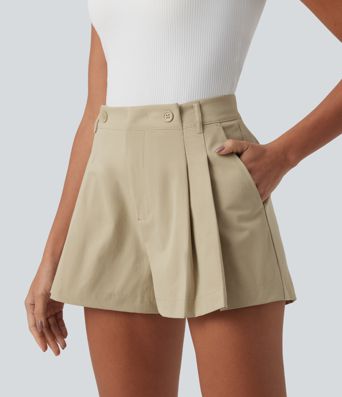 Mid Rise Pleated Stretchy Poplin Casual Shorts 3'' with Pockets