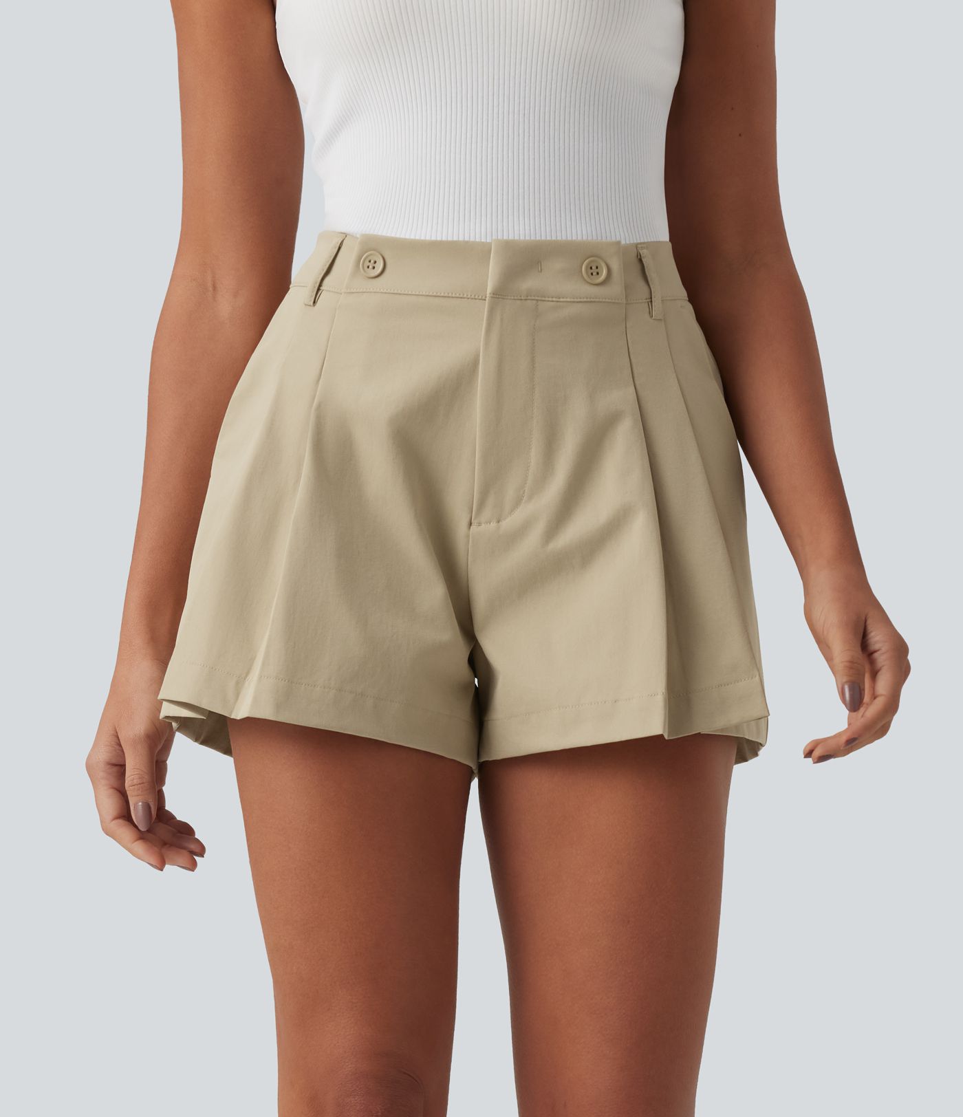 Mid Rise Pleated Stretchy Poplin Casual Shorts 3'' with Pockets