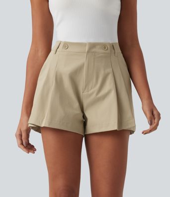 Mid Rise Pleated Stretchy Poplin Casual Shorts 3'' with Pockets