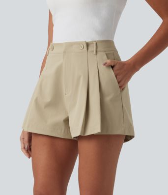 Mid Rise Pleated Stretchy Poplin Casual Shorts 3'' with Pockets