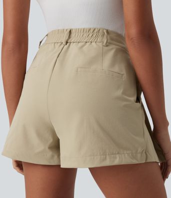 Mid Rise Pleated Stretchy Poplin Casual Shorts 3'' with Pockets