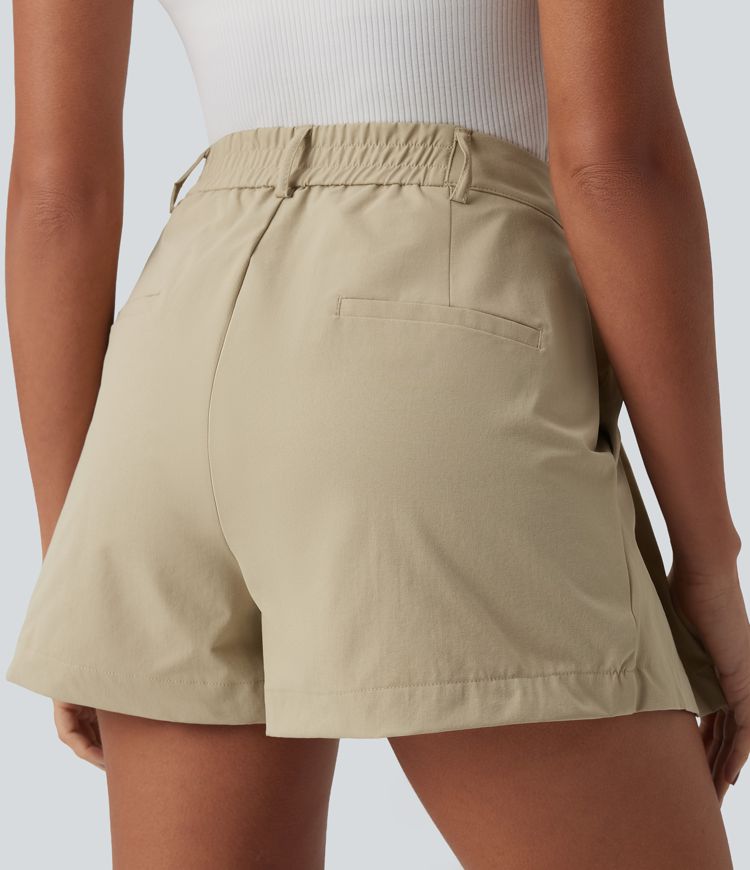 Mid Rise Pleated Stretchy Poplin Casual Shorts 3'' with Pockets