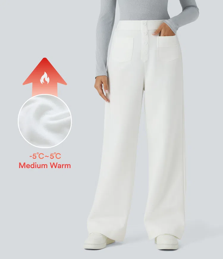 White High Waisted Pockets Straight Leg Fleece Casual Pants / 1