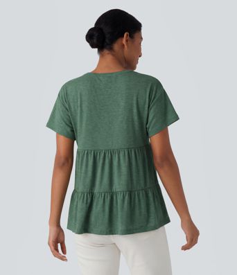 Round Neck Short Sleeve Ruffle Hem Heathered Casual Babydoll T-Shirt