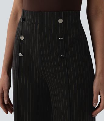High Waisted Wide Leg Stripe Work Pants with Pockets
