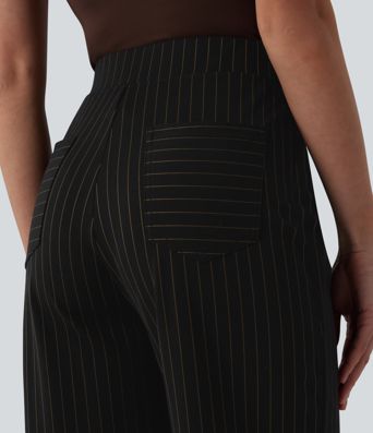 High Waisted Wide Leg Stripe Work Pants with Pockets