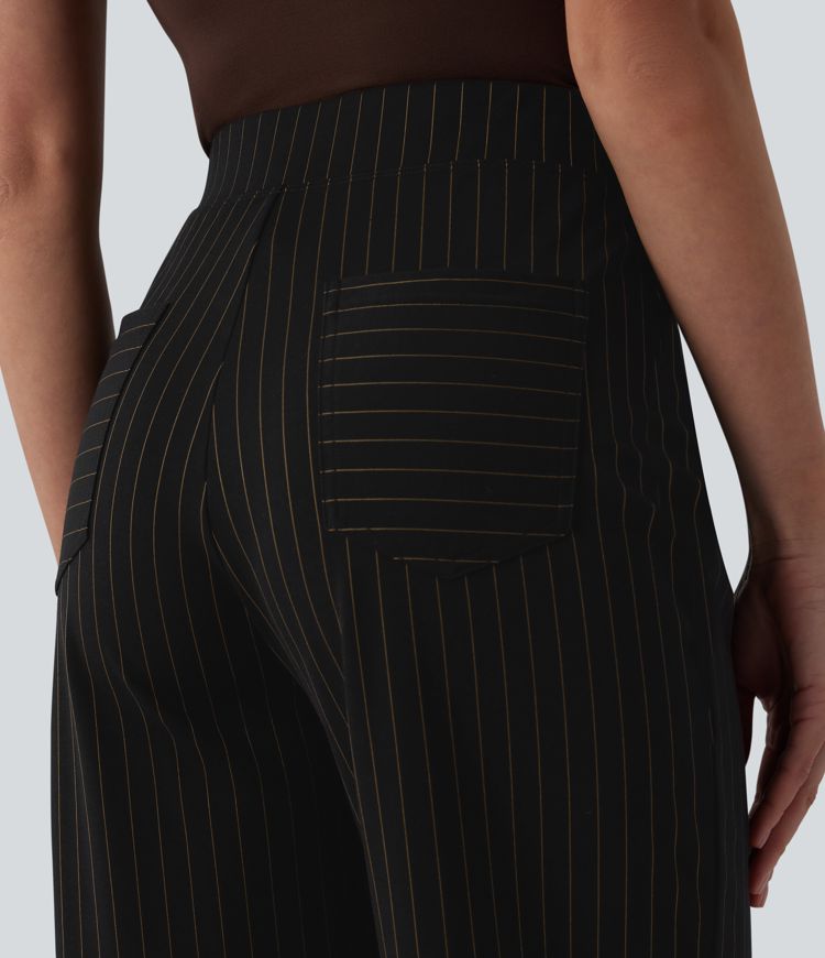 High Waisted Wide Leg Stripe Work Pants with Pockets
