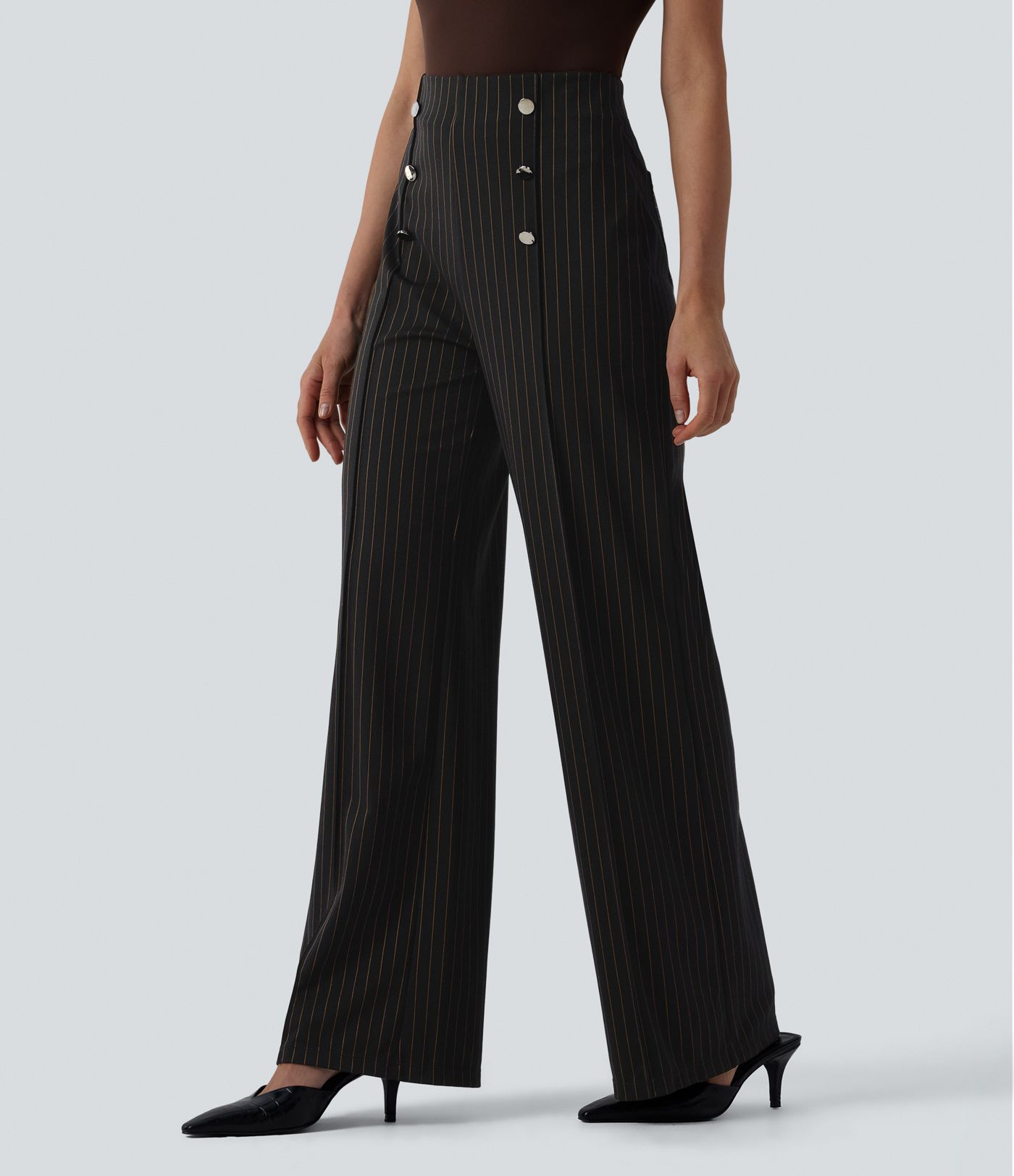 High Waisted Wide Leg Stripe Work Pants with Pockets