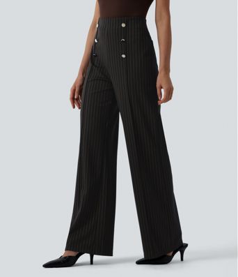 High Waisted Wide Leg Stripe Work Pants with Pockets