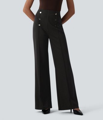 High Waisted Wide Leg Stripe Work Pants with Pockets