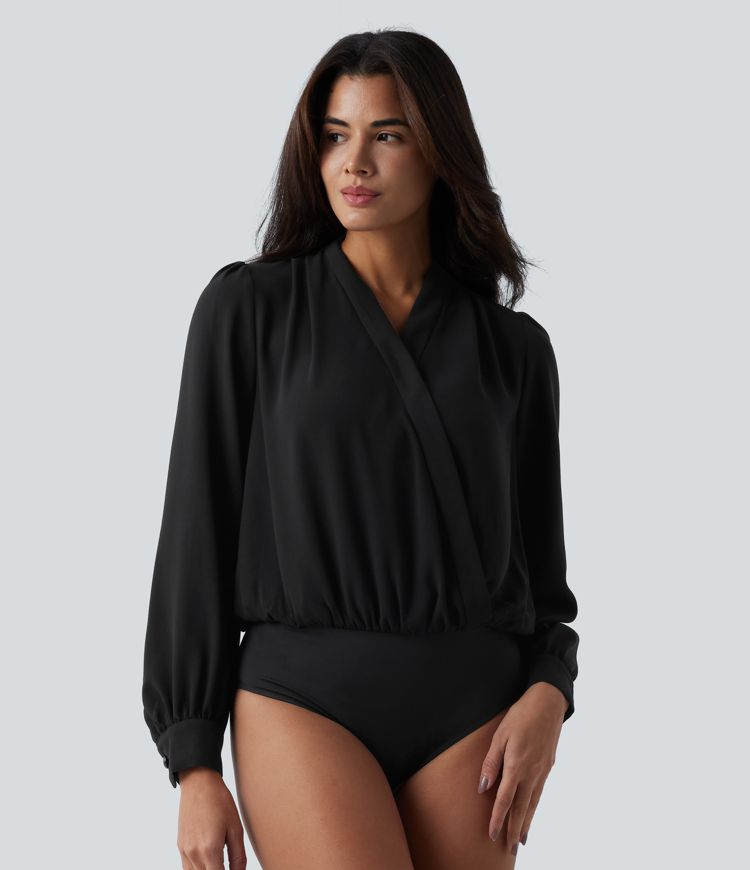 Work bodysuit with long sleeves and crossover design