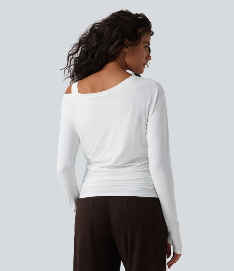 Top d'entraînement une épaule manches longues avec brassière intégrée, trous pour pouces, fronces et toucher frais - UPF50+