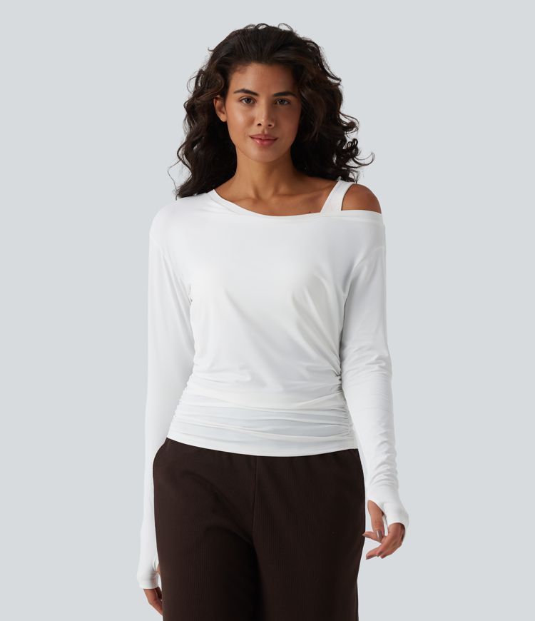 Top d'entraînement une épaule manches longues avec brassière intégrée, trous pour pouces, fronces et toucher frais - UPF50+