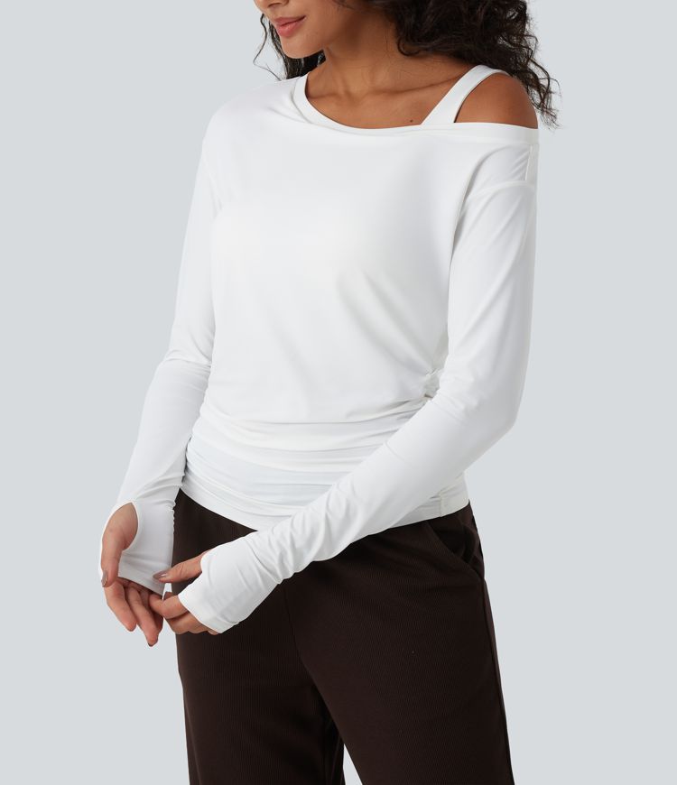 Top d'entraînement une épaule manches longues avec brassière intégrée, trous pour pouces, fronces et toucher frais - UPF50+