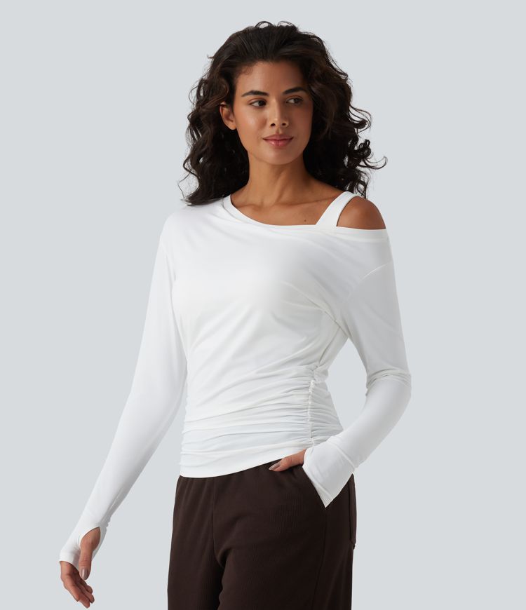 Top d'entraînement une épaule manches longues avec brassière intégrée, trous pour pouces, fronces et toucher frais - UPF50+