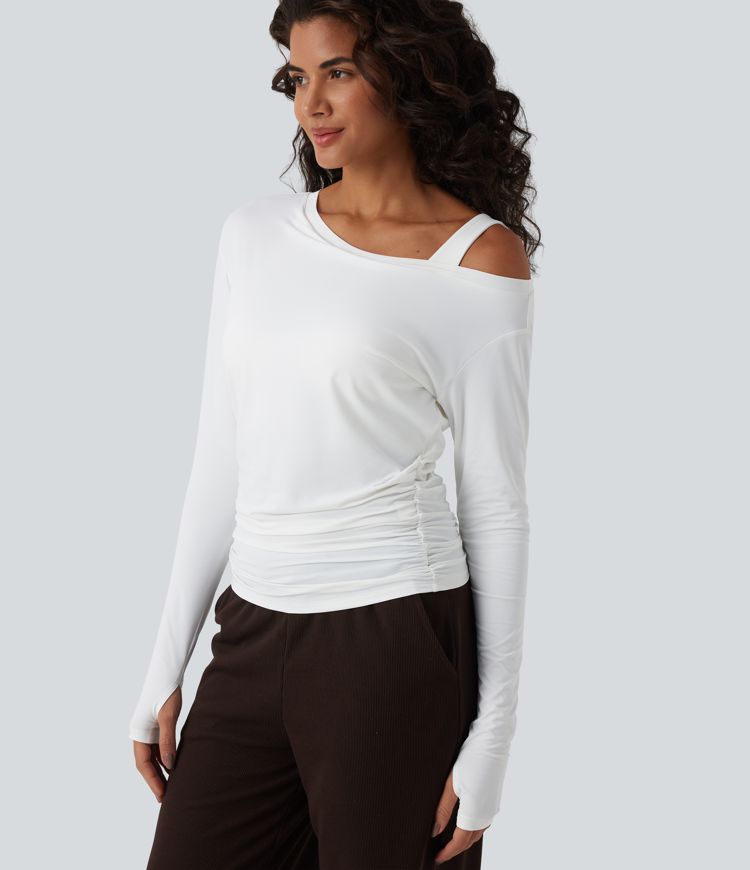 Top d'entraînement une épaule manches longues avec brassière intégrée, trous pour pouces, fronces et toucher frais - UPF50+