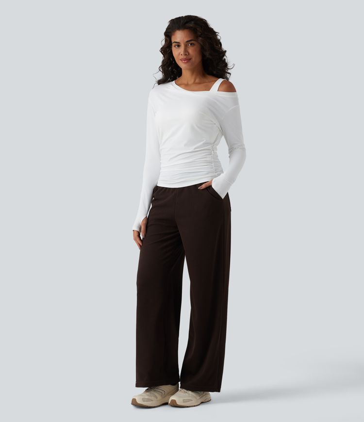 Top d'entraînement une épaule manches longues avec brassière intégrée, trous pour pouces, fronces et toucher frais - UPF50+