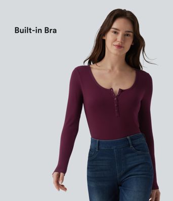 Ribbed Henley Neck Long Sleeve Slim Casual T-Shirt