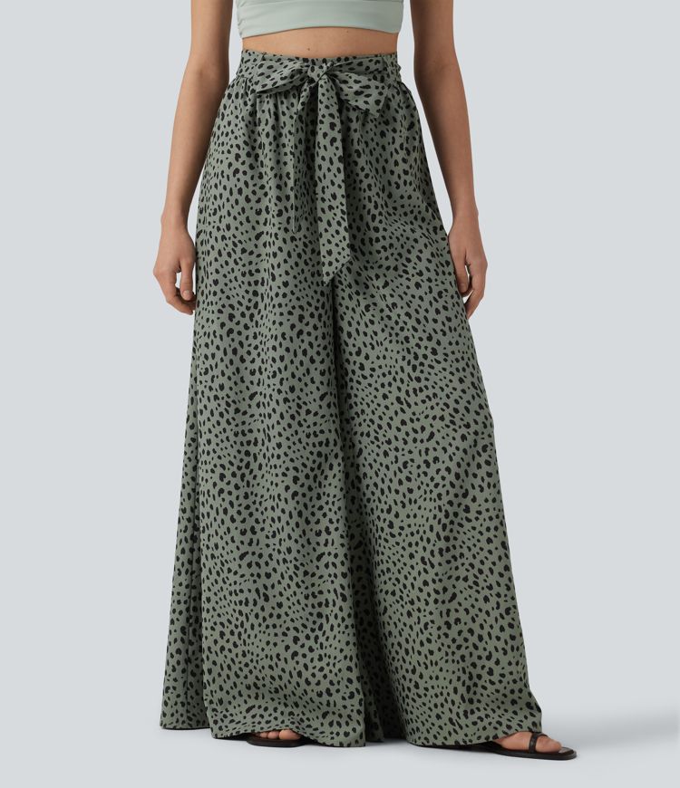 Pantalon casual large imprimé léopard taille haute avec nœud devant et poches