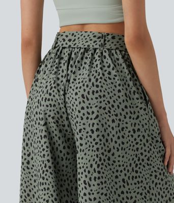 Pantalon casual large imprimé léopard taille haute avec nœud devant et poches