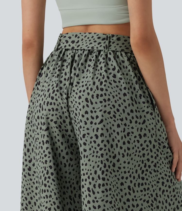 Pantalon casual large imprimé léopard taille haute avec nœud devant et poches