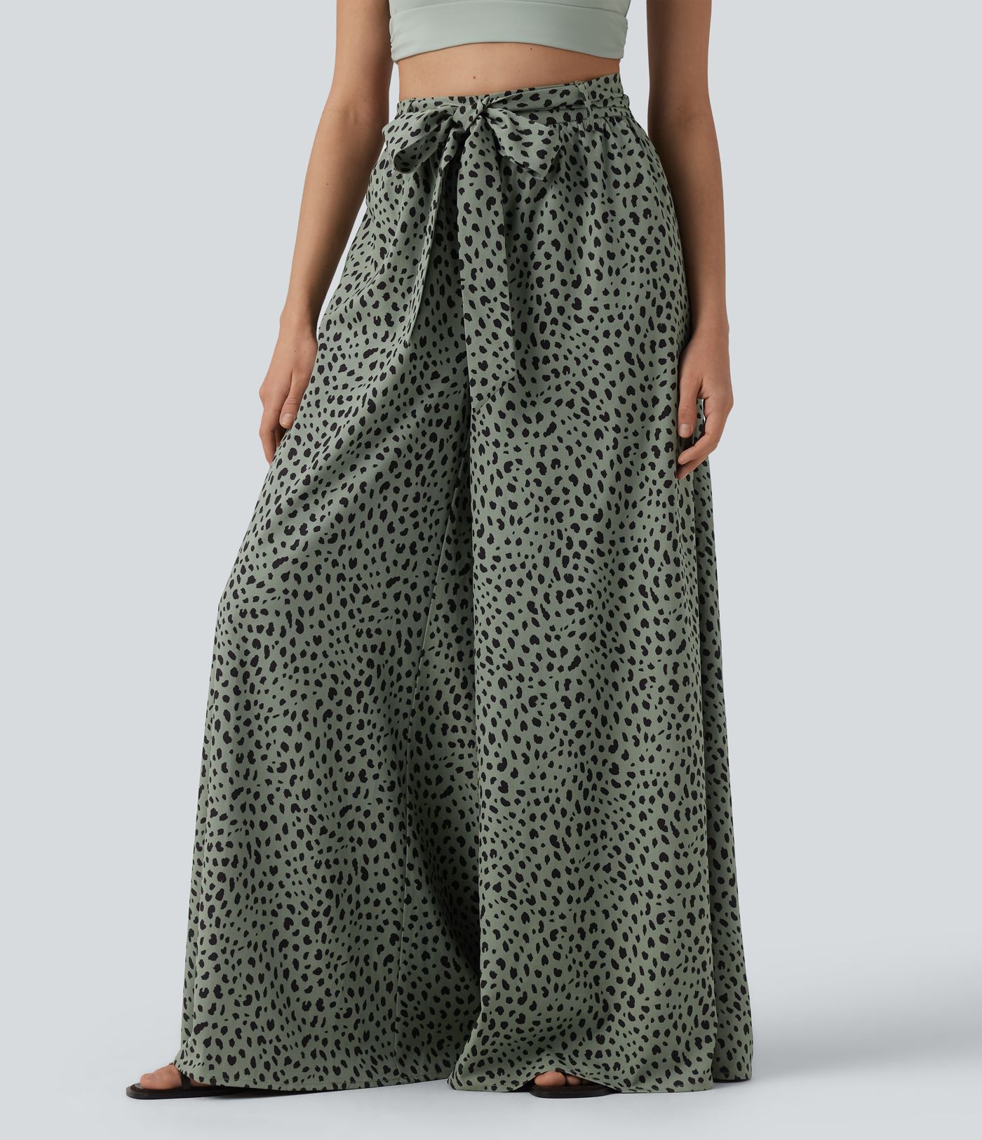 Pantalon casual large imprimé léopard taille haute avec nœud devant et poches