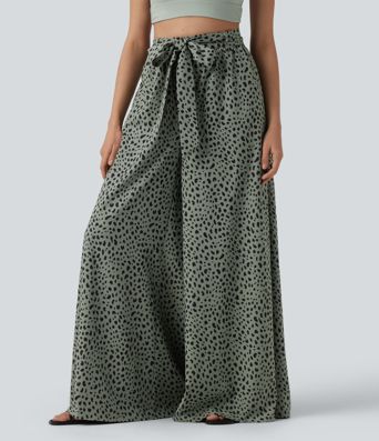 Pantalon casual large imprimé léopard taille haute avec nœud devant et poches