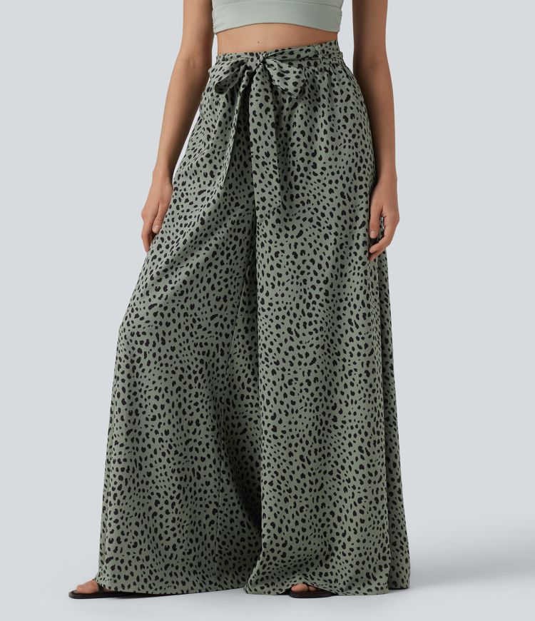 Pantalon casual large imprimé léopard taille haute avec nœud devant et poches