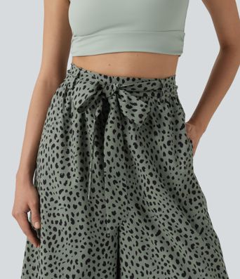 Pantalon casual large imprimé léopard taille haute avec nœud devant et poches