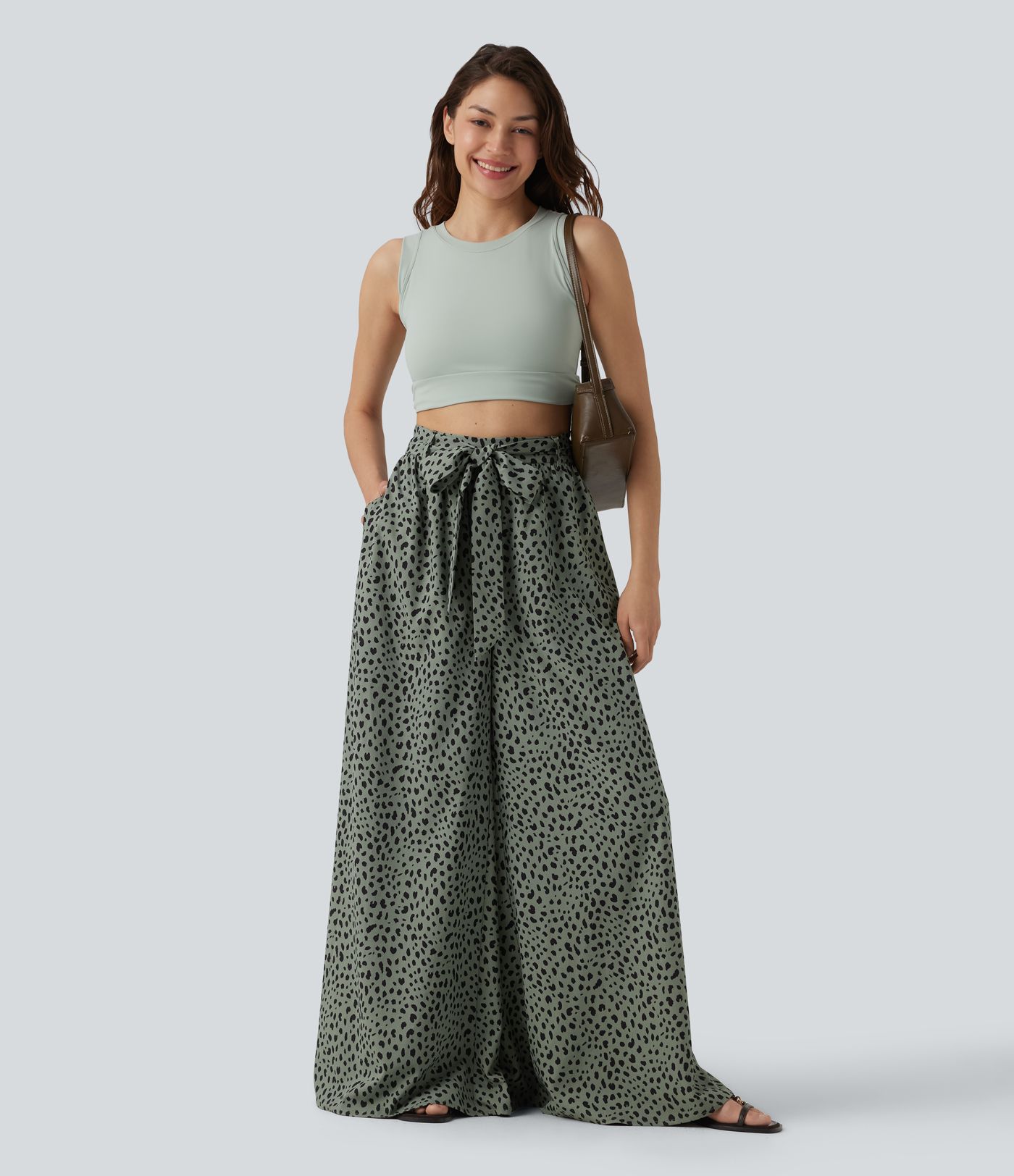 Pantalon casual large imprimé léopard taille haute avec nœud devant et poches