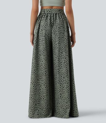 Pantalon casual large imprimé léopard taille haute avec nœud devant et poches