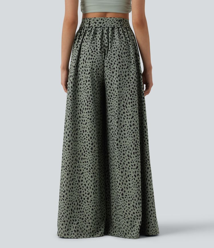 Pantalon casual large imprimé léopard taille haute avec nœud devant et poches