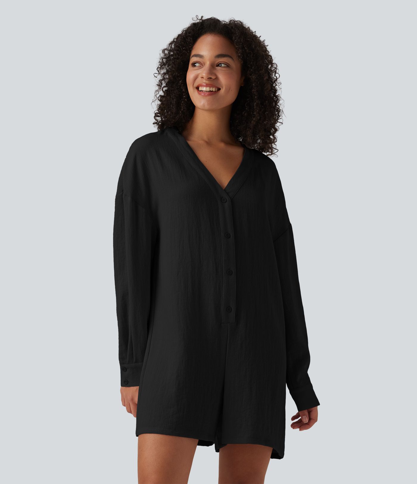 V-neck Long Sleeve Button Linen-Feel Casual Romper
