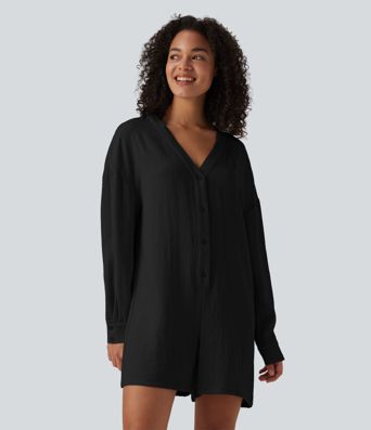 V-neck Long Sleeve Button Linen-Feel Casual Romper