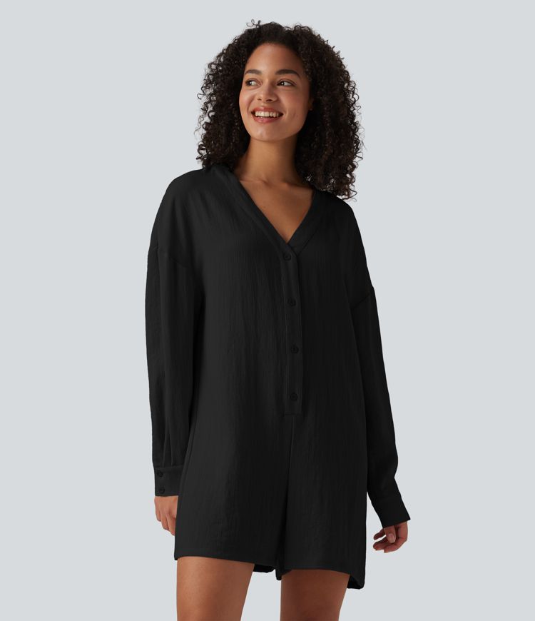 V-neck Long Sleeve Button Linen-Feel Casual Romper