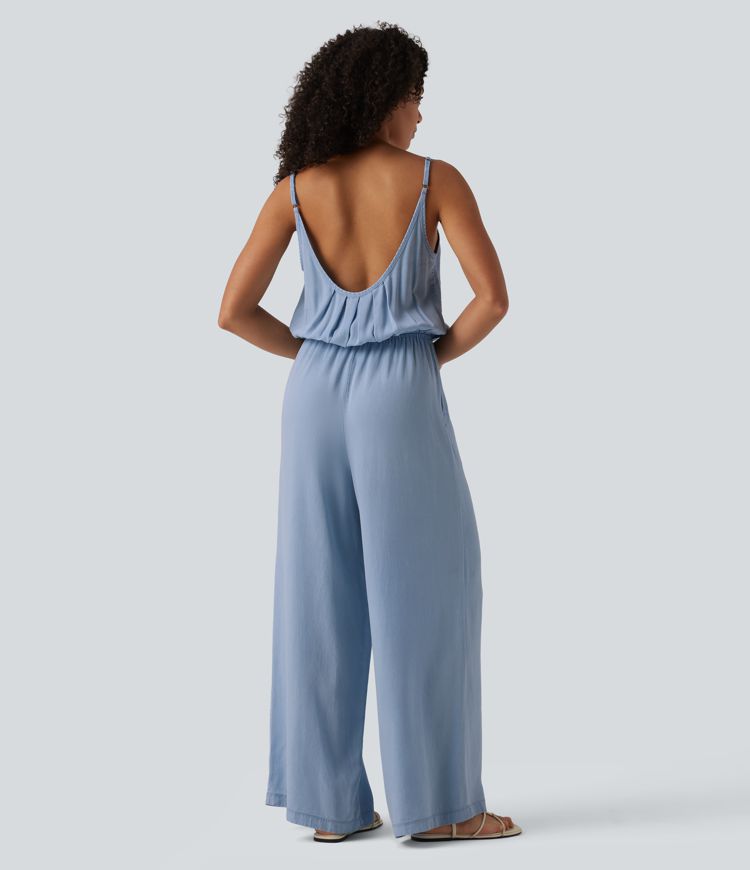 Wide Leg Denim Casual Slip Jumpsuit with Pockets