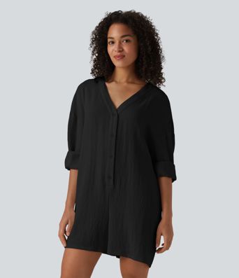 V-neck Long Sleeve Button Linen-Feel Casual Romper