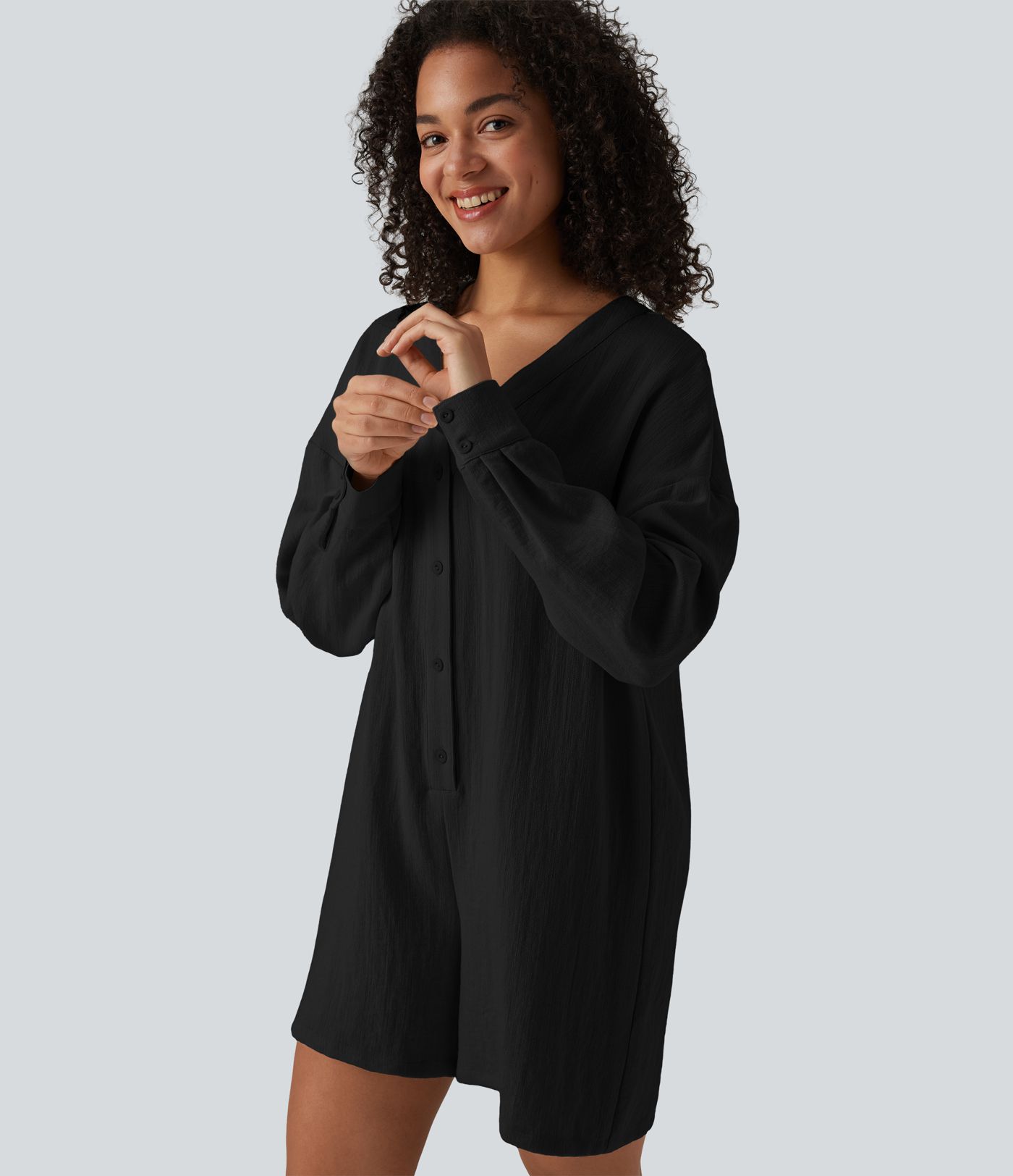 V-neck Long Sleeve Button Linen-Feel Casual Romper