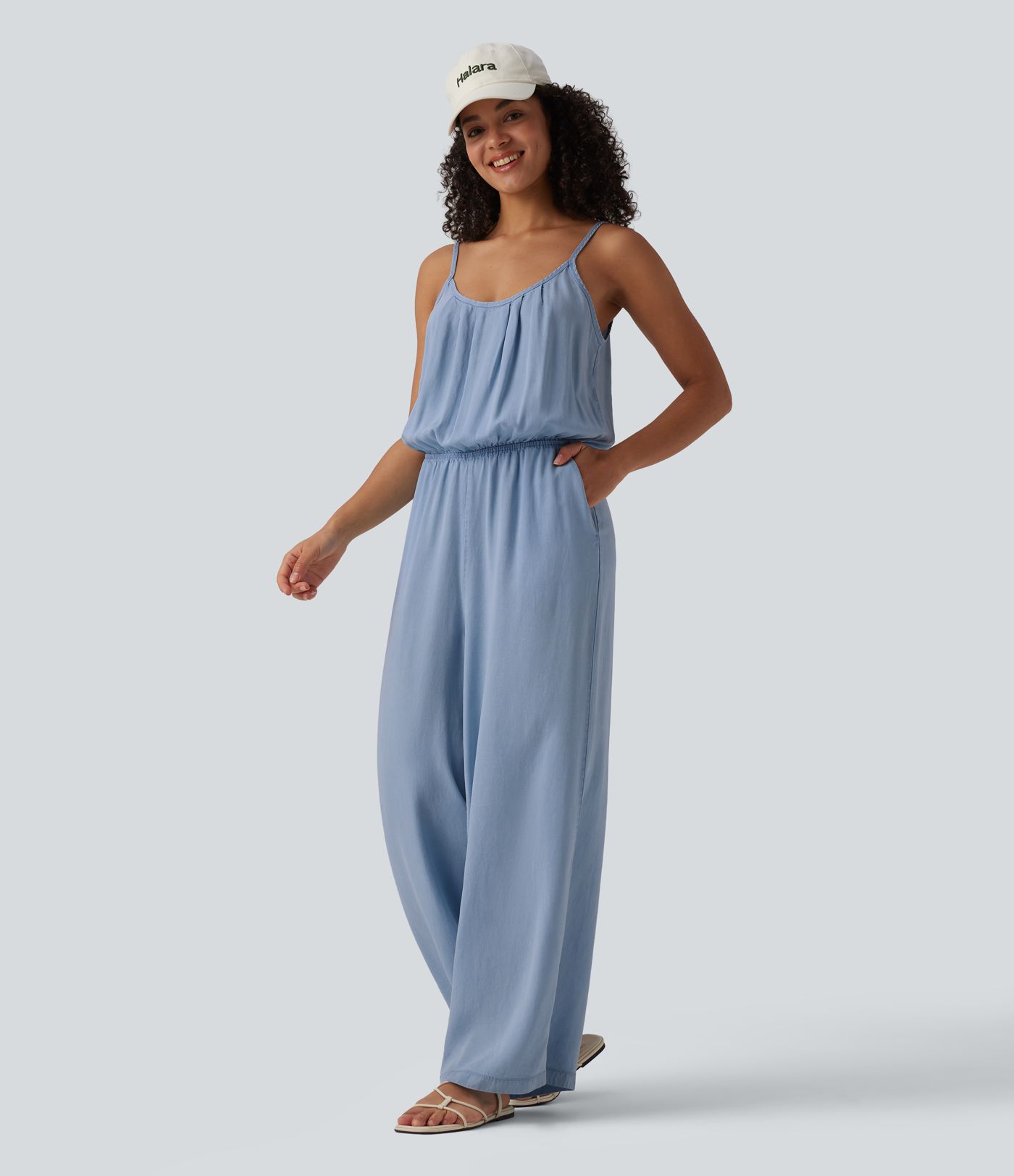 Wide Leg Denim Casual Slip Jumpsuit with Pockets