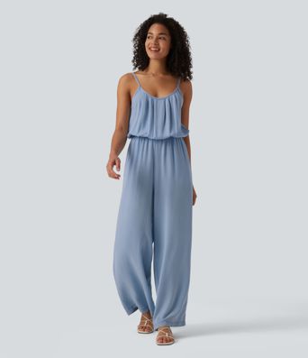 Wide Leg Denim Casual Slip Jumpsuit with Pockets