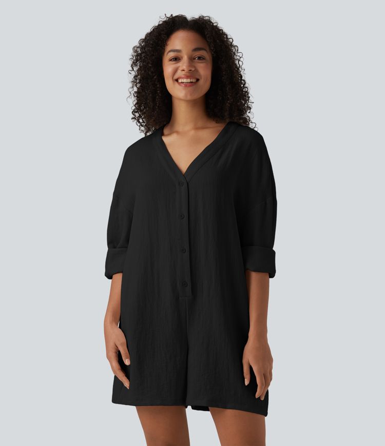 V-neck Long Sleeve Button Linen-Feel Casual Romper