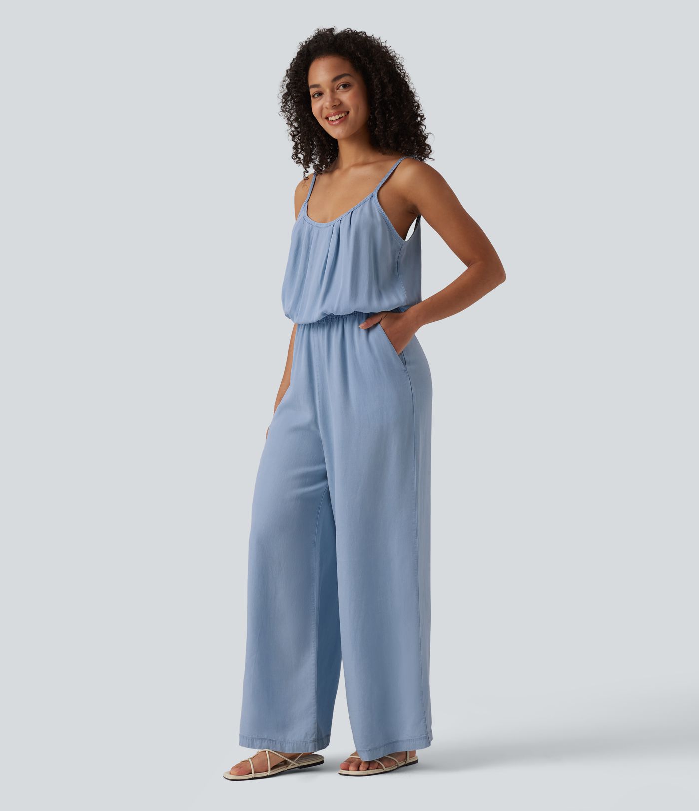 Wide Leg Denim Casual Slip Jumpsuit with Pockets
