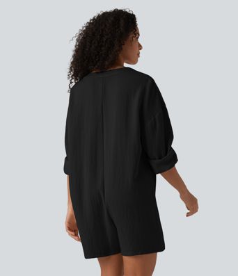 V-neck Long Sleeve Button Linen-Feel Casual Romper