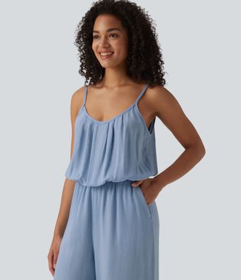 Wide Leg Denim Casual Slip Jumpsuit with Pockets